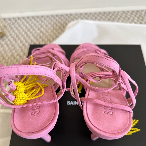 NWT Shultz Pink Suede Strappy Sandals with Yellow Beaded Tassels - Picture 5 of 7